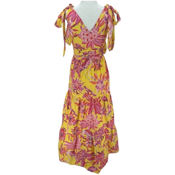 Banjanan Carnation Flamingo Rhododendron Ruffle Maxi Dress Size Small Yellow - Picture 7 of 13